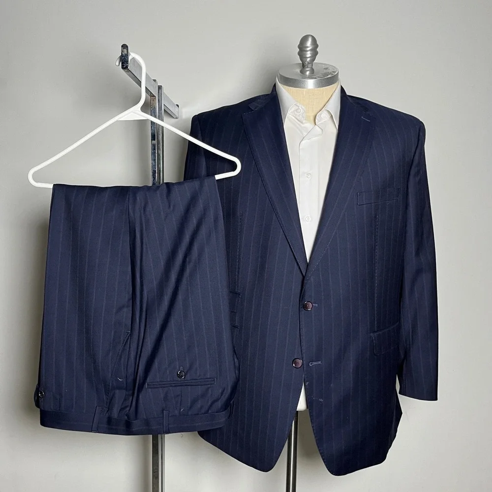 Tayion Suit Mens 48L 42W Navy Blue Pinstripe Wool Blend Two Button Professional